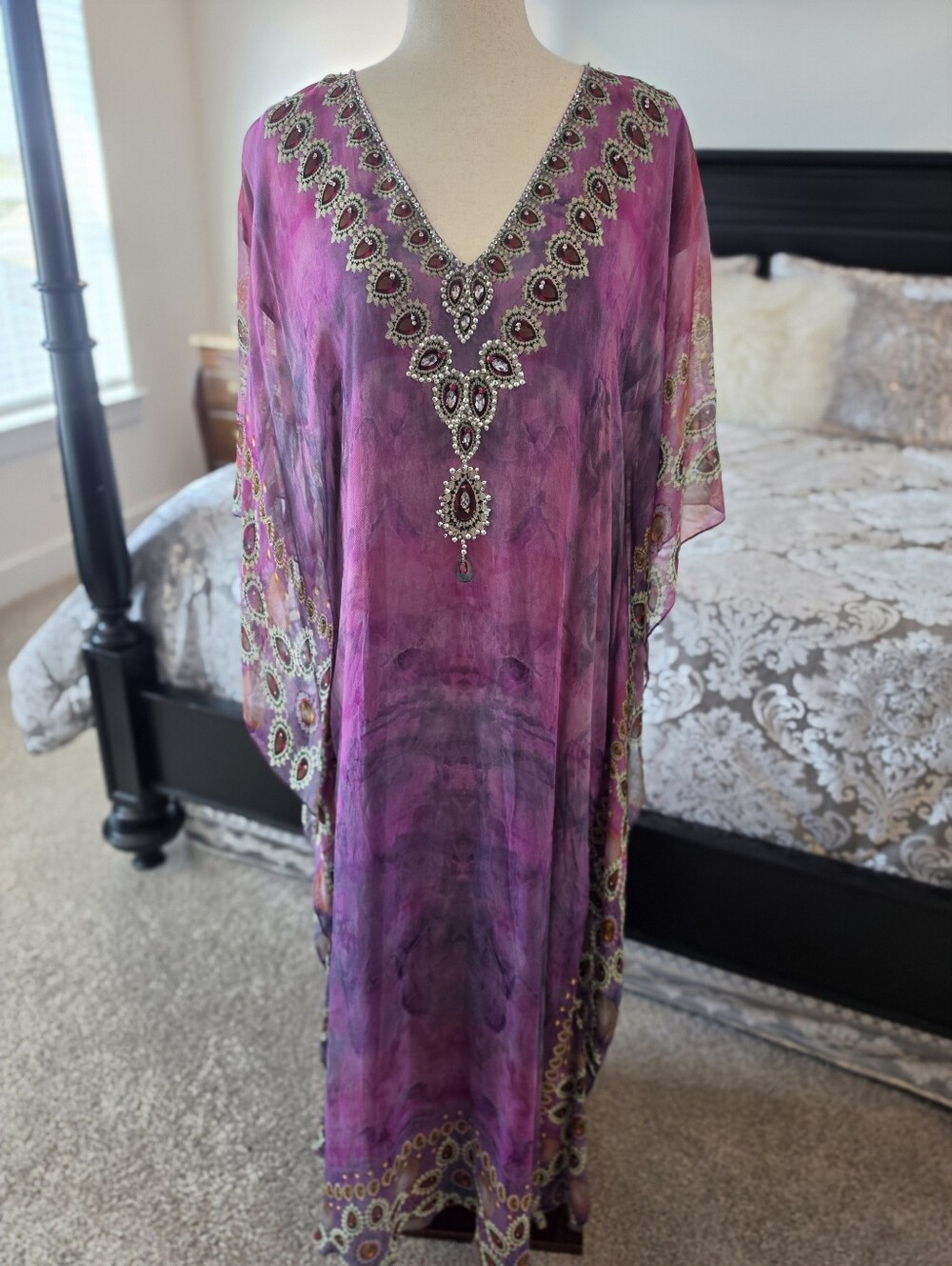 Badgley Mischka Collection Silk Blend Jeweled Caftan Maxi Dress S AS IS